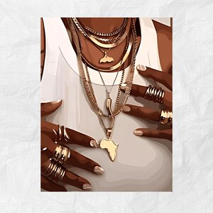 May include: A close-up of a person's chest wearing multiple gold necklaces, including one with an Africa pendant. The person is also wearing several gold rings on their fingers.