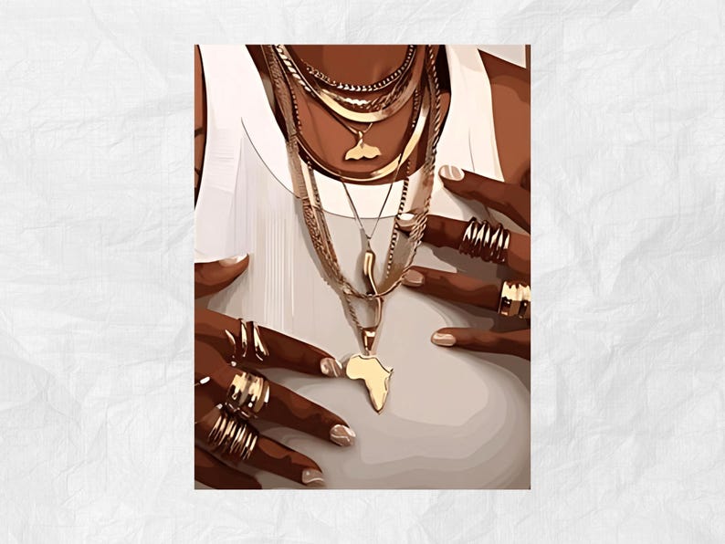 May include: A close-up of a person's chest wearing multiple gold necklaces, including one with an Africa pendant. The person is also wearing several gold rings on their fingers.