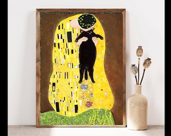 Gustav Klimt Woman Kiss Black Cat Art Print, Black Cat Painting, Klimt Woman In Gold Art, Cat Lover Gift, Klimt Woman Canvas Art, Art Lover