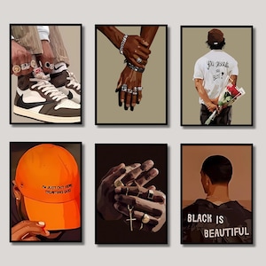 Set van 6 zwarte man kunst, modekunst, zwarte man kunst, zwarte jongen kunst, HypeBeast-sneakerkunst, Afro-Amerikaanse kunst, abstracte zwarte kunst