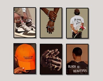 Conjunto de 6 obras de arte de hombres negros, arte de moda, arte de hombres negros, arte de chicos negros, arte de zapatillas HypeBeast, arte afroamericano, arte abstracto negro.