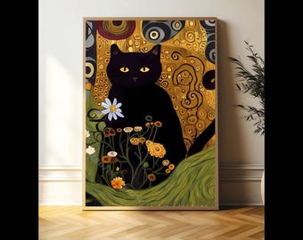 Gustav Klimt Black Cat Print, Klimt Museum Poster, Black Cat Art, Floral Print, Cat Lover Gift, Modern Wall Decor, Home Decor Poster