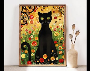 Gustav Klimt Black Cat Print, Famous Klimt Wall Art, Black Cat Painting, Klimt Exhibition, Cat Items For Cat Lovers, Farmhouse Home Decor
