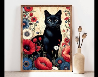 Gustav Klimt Garden Black Cat Print, Klimt Flowers Cat Poster, Black Cat Art, Cat Lover Gift, Klimt Museum Poster, Home Décor Poster