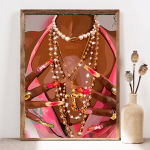 May include: A digital illustration of a person with long, pink and white manicured nails wearing a variety of gold necklaces and a pink top.