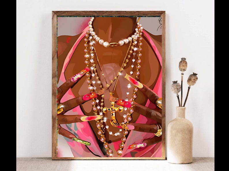 May include: A digital illustration of a person with long, pink and white manicured nails wearing a variety of gold necklaces and a pink top.