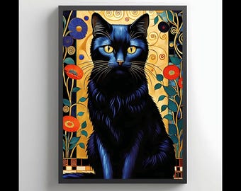 Black Cat Gustav Klimt  Painting, Gustave Klimt Flowers Cat Poster, Stylish Poster Print for Home Decoration, Gift For Lover Cat Art