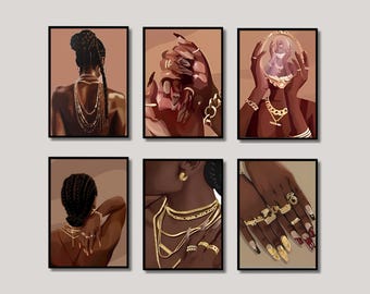 Conjunto de 6 arte de mulher negra, arte feminina de menina negra, decoração de estilo de vida urbano, arte de moda, arte de grelha, grelhas de mulher negra, arte de melanina