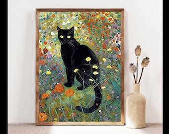 Gustav Klimt Black Cat Print, Klimt Garden Flowers Cat Poster, Black Cat Art, Digital Art Print, Whimsical Design, Unique Cat Art