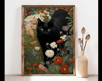 グスタフ・クリムト風猫アートプリント5枚セット：フラワーガーデン