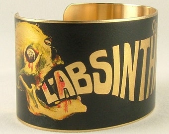 Absinthe Jewelry - Brass Cuff Bracelet - L'Absinthe C'est La Mort - Skull Jewelry - Skull Bracelet - Gothic Bracelet