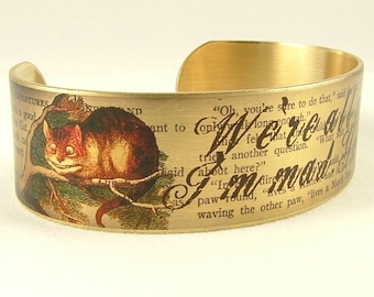 Cheshire Cat Cuff Bracelet - We're All Mad Here - Alice In Wonderland Literary Jewelry - Gifts for Sister - Cat Lover