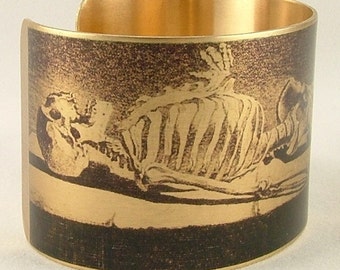 Human Skeleton Brass Cuff Bracelet Macabre Bones in the Mausoleum