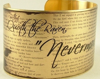 Edgar Allan Poe - 'Nevermore' - The Black Raven Macabre Literary Quote Brass Cuff Bracelet