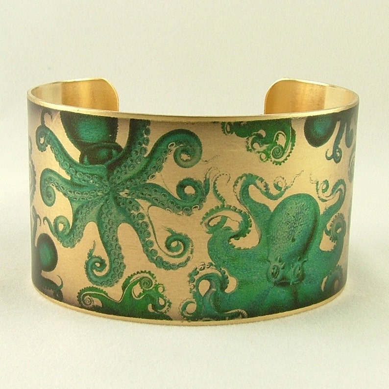 Octopus Cuff Bracelet Nautical Jewelry Ernst Haeckel Illustration Sea Life Gift image 3