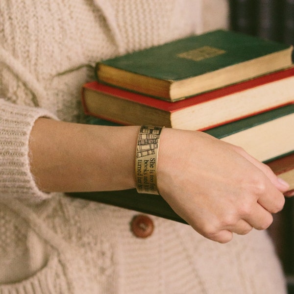Librarian Gift - Louisa Alcott - She Is Too Fond Of Books - Literary Quote - Brass Cuff Bracelet - Bibliophile