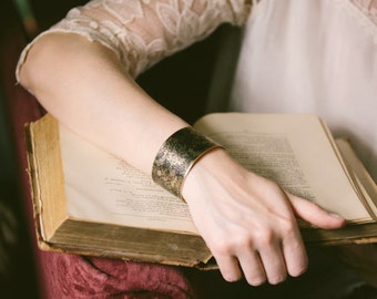 Victorian Steampunk Jewellery - Seaweed Brass Cuff Bracelet - William Morris Fabric - Under The Sea Jewellery - Gift For Her