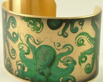 Octopus Cuff Bracelet - Nautical Jewelry - Ernst Haeckel Illustration - Sea Life Gift