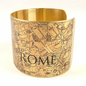 Vintage City Rome Street Map Brass Cuff Bracelet - Italian Cartography Map Jewelry - Steampunk Style Cuff