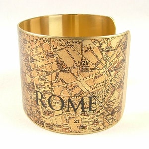 Vintage City Rome Street Map Brass Cuff Bracelet - Italian Cartography Map Jewelry - Steampunk Style Cuff