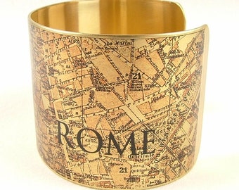 Bracciale a polsino in ottone con mappa stradale della città vintage di Roma - Gioiello della mappa della cartografia italiana - Bracciale in stile Steampunk