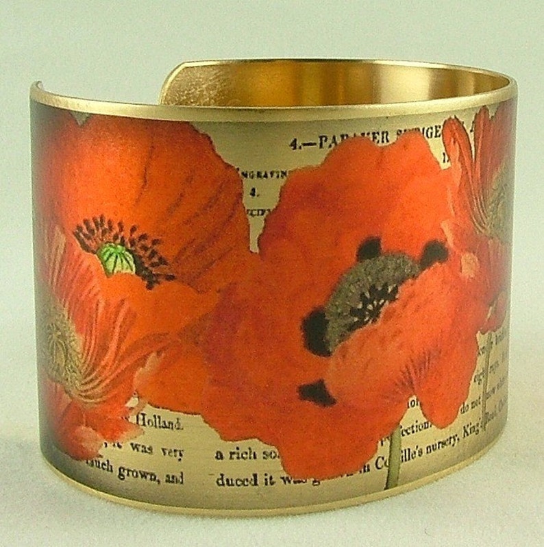 Poppy Flower Jewellery Brass Cuff Bracelet Floral Bracelet Flowers Poppies Gardener Gift Idea Florist Gift Botanical Gift image 1