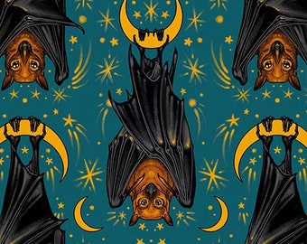 Storybook Halloween- Aim for the Moon - Turquoise - 100% Cotton fabric - available in fq, half yard, and yardage