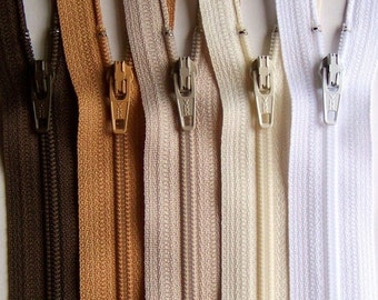 YKK Zipper Bundle NATURALS brown tan beige vanilla white -10 zippers- available in 3,4,5,6,7,8,9,10,12,14,16,18,20 and 22 inches