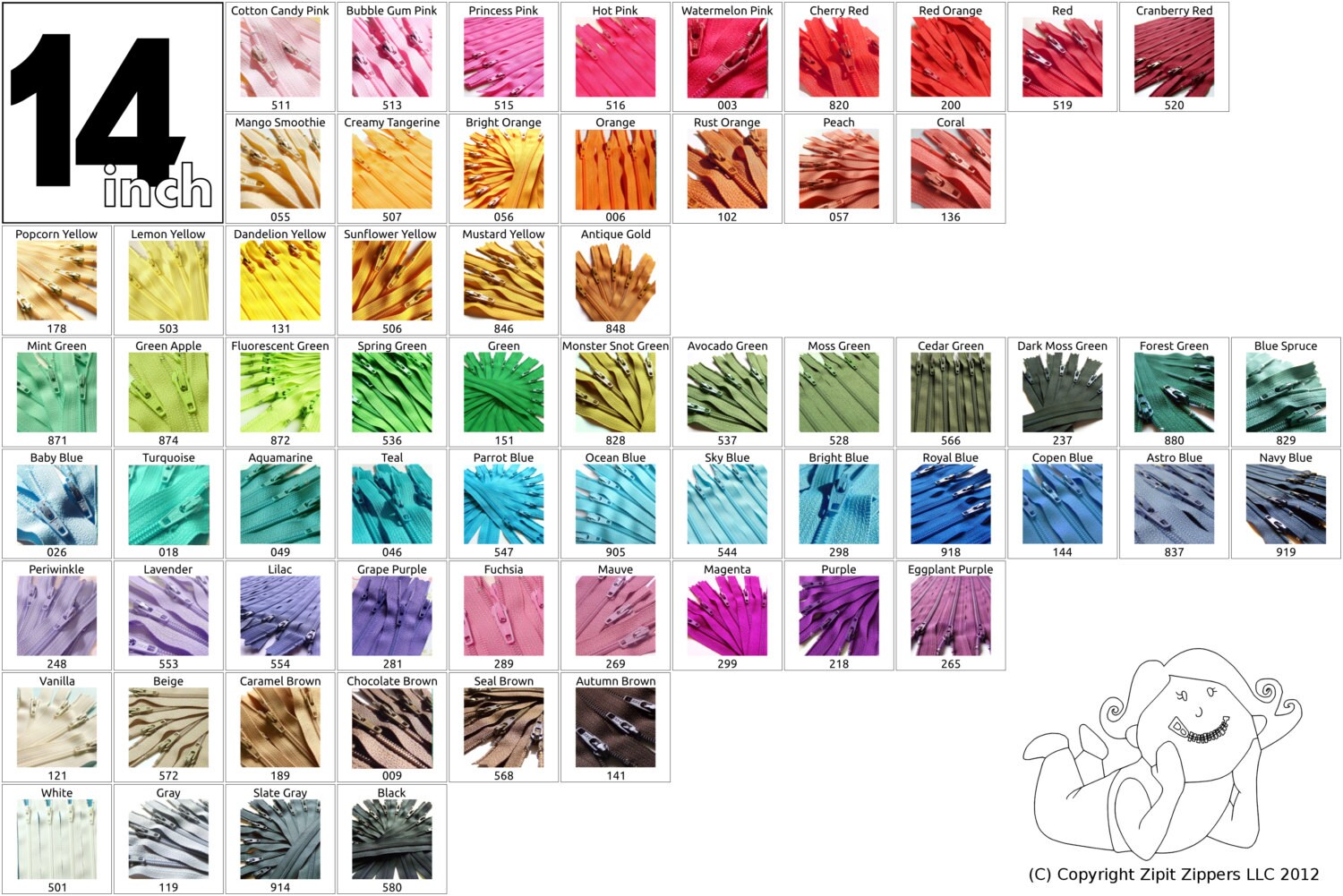 Your Choice of 200 YKK Brand 14 Inch Zippers Mix and Match- Choose fr…
