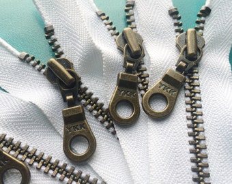 YKK Zippers- Antique Brass Donut Pull Metal Zipper- 501 White- (5) Pieces- Available in 4,5,6,7,8,9,10,12,14, and 18 inches