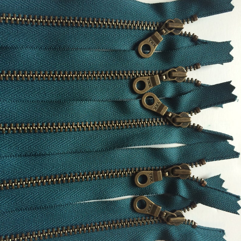 YKK Metal Teeth Zippers Dark Teal Color 390 Antique Brass Donut Pull 5 Pieces Available in 7,9,10,11, and 14 Inches image 3