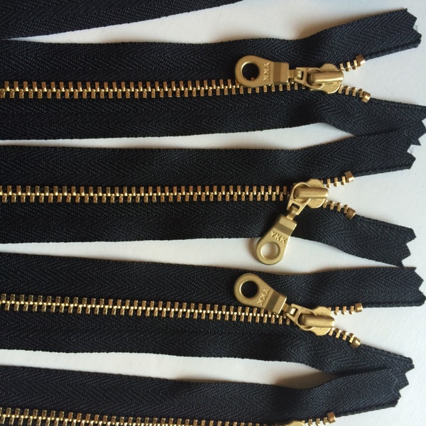 YKK Brass Gold Metal Donut Pull Zippers (5) Pieces - Black 580- Available in 4,5,6,7,8,9,10,11,12,13,14,16,18,20 and 22 Inch