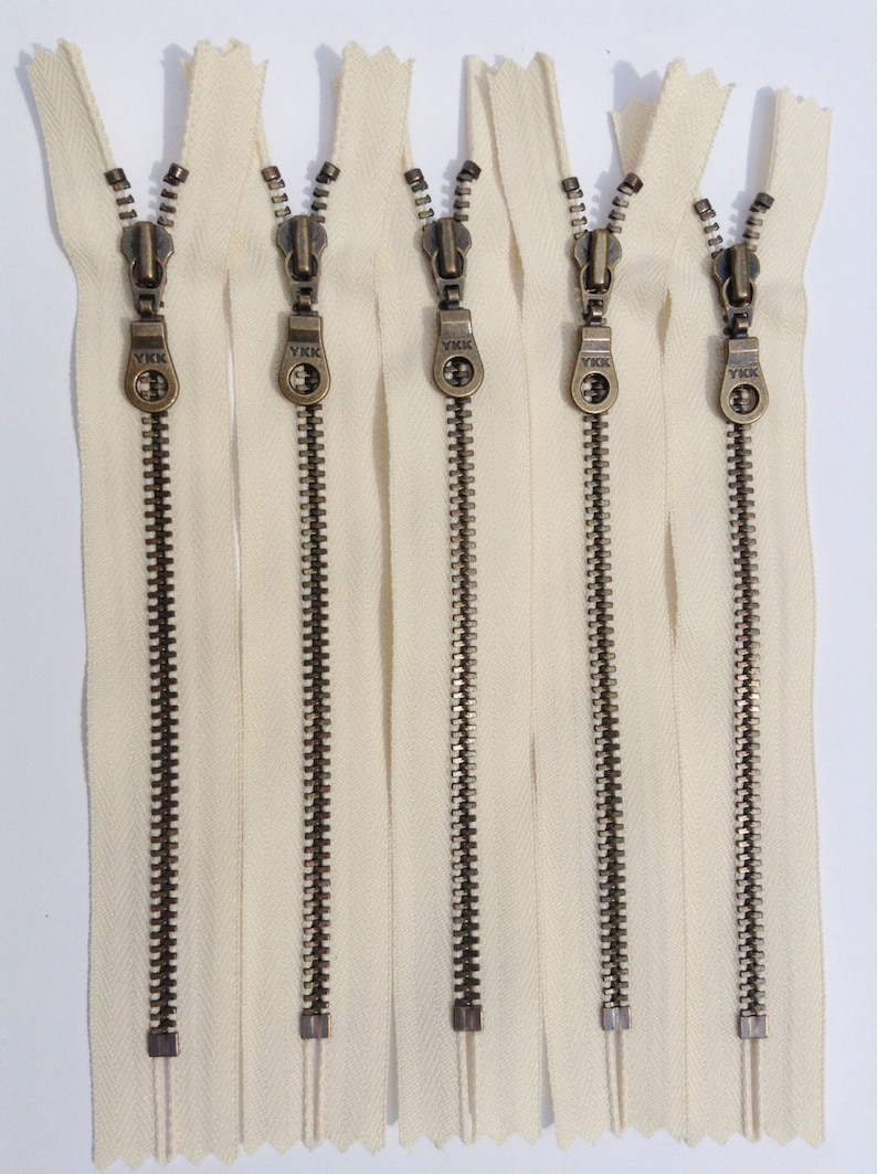 YKK Metal Teeth Zippers Off White Cream Antique Brass Donut Pull Color 099 Available in 4,6,7,8,9,10,12 and 14 Inch 5 Pieces image 3