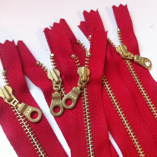 YKK Brass Zippers- Metal Teeth Zipper with fancy donut pull and gold colored teeth- color 519 RED- 5 pcs- Available in 6 or 12 Inch