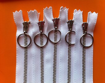 Metal Zippers- Nickel Teeth with Special Ring Pull(5) pieces YKK - White 501- Available in 5,8 and 12 inch