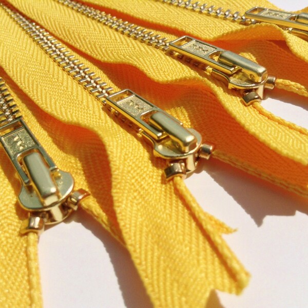 Brass Zippers- 7 inch closed bottom ykk metal teeth zips- (5) pieces - Sunflower Yellow 506