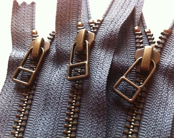 YKK metal zippers with antique brass finish and DHR style pull- (5) pieces - Slate Gray 914- Available in 7,8,9,10,12, and 14 Inch