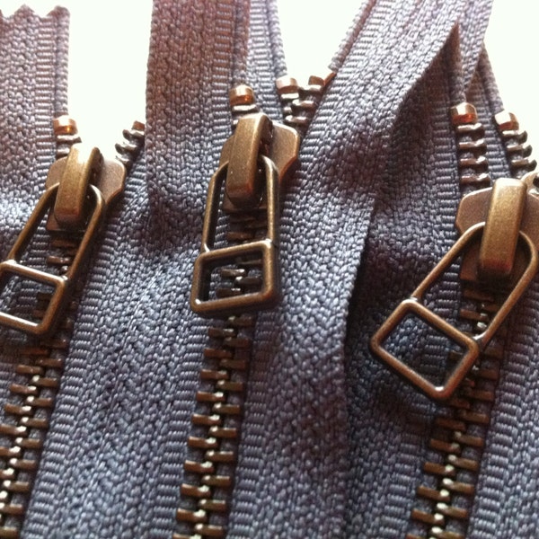 YKK metal zippers with antique brass finish and DHR style pull- (5) pieces - Slate Gray 914- Available in 7,8,9,10,12, and 14 Inch