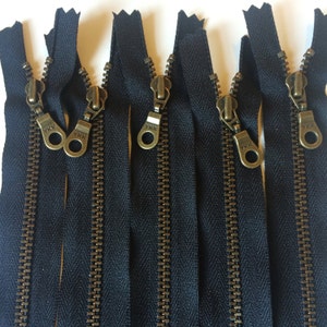 YKK Metal Teeth Zippers- Antique Brass Donut Pull Color 580 Black- 5 Pieces- Available in 4,5,6,7,8, 9,10, 11,12,14,16, 18, 20, 22, 24 inch