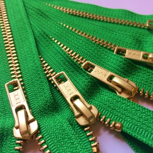 Metal Zippers- closed bottom ykk brass teeth zips- (5) pieces - Dublin Green 151- Number 5s- Available in 7,12, or 20 inches