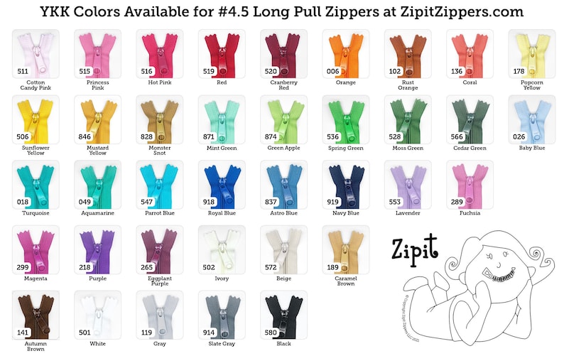YKK Purse Zippers 4.5mm with a Long Handbag Pulls You choose colors and size 10 Zippers 9,12,14,16,18, or 24 inches image 1