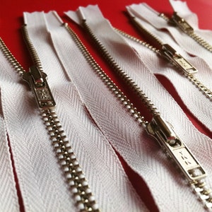 Metal Zippers- closed bottom ykk nickel teeth zips- (5) pieces - White 501- Available in 5,7,8,9,12,18 and 20 inches