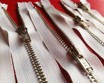 Metal Zippers- closed bottom ykk nickel teeth zips- (5) pieces - White 501- Available in 5,7,8,9,12,18 and 20 inches