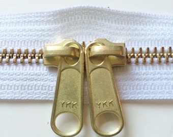 ONE 30 Inch Brass YKK Metal Zipper with Two Long Pull Head to Head Sliders- 501 White