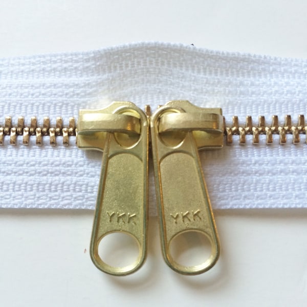 ONE 30 Inch Brass YKK Metal Zipper with Two Long Pull Head to Head Sliders- 501 White