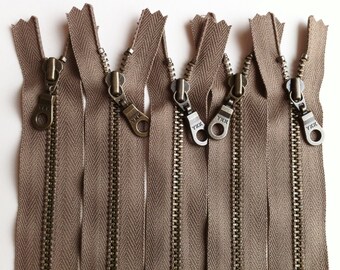 YKK Metal Teeth Zippers -Antique Brass Donut Pull- Taupe 300- Available in 7,9,11, and 14 Inch - 5 Pieces