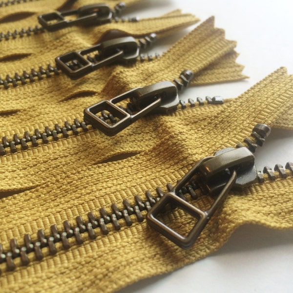 YKK metal zippers -antique brass finish -DHR wire style pull- (5) pieces - Monster Snot Gold 828- Available in 9,10,14 and 18 Inch