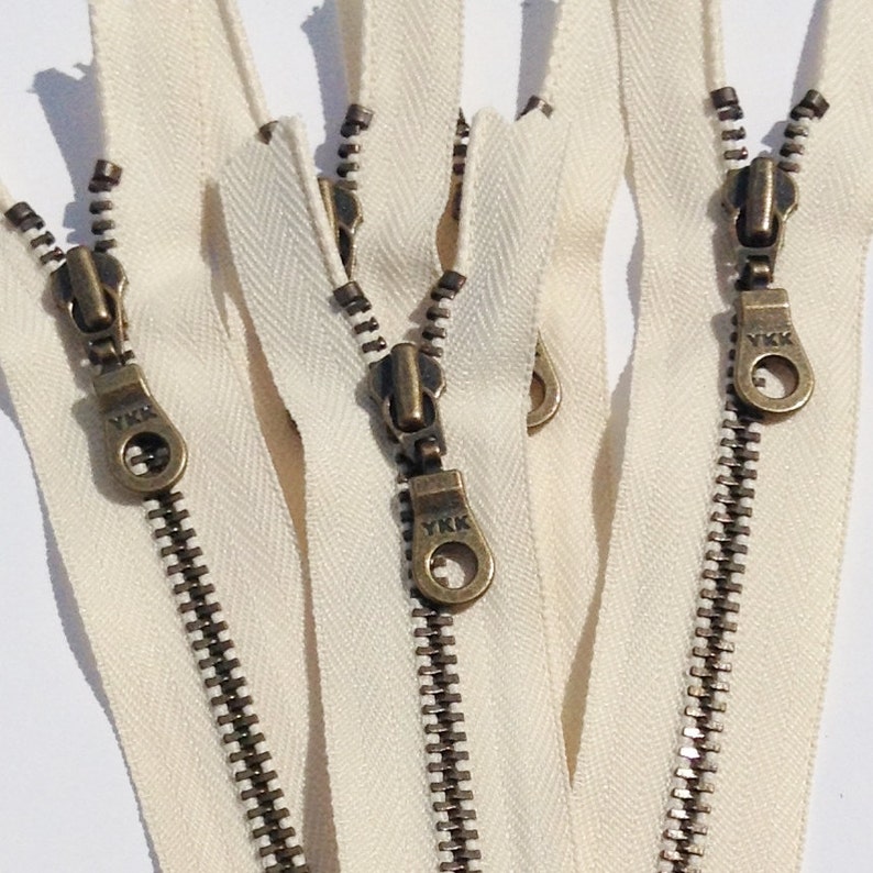 YKK Metal Teeth Zippers Off White Cream Antique Brass Donut Pull Color 099 Available in 4,6,7,8,9,10,12 and 14 Inch 5 Pieces image 4