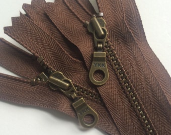 YKK Metal Teeth Zippers- Seal Brown with Antique Brass Teeth and Donut Pull- 5 Pieces- Color 568- Available in 7,9,10,11,14  and 18 inch