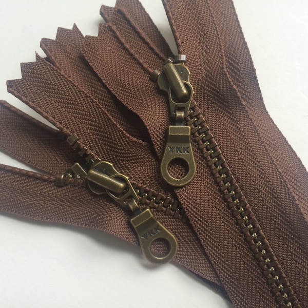 YKK Metal Teeth Zippers- Seal Brown with Antique Brass Teeth and Donut Pull- 5 Pieces- Color 568- Available in 7,9,10,11,14  and 18 inch